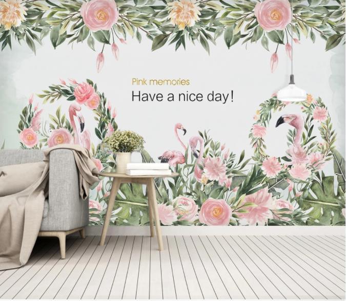 3D Nordic Fresh Pink Flamingo Flowers Wall Mural Wallpaperpe 3- Jess Art Decoration