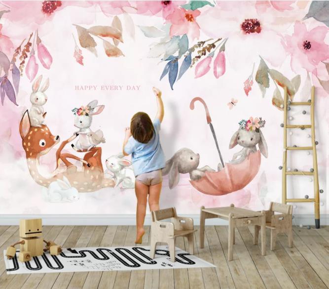 3D Nordic Fresh Pink Reindeer Rabbit Wall Mural Wallpaperpe 387- Jess Art Decoration