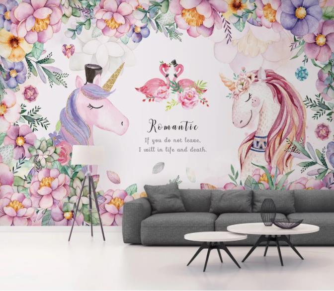3D Nordic Fresh Pink Unicorn Flowers Wall Mural Wallpaperpe 380- Jess Art Decoration