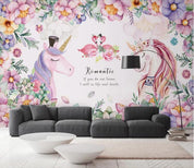 3D Nordic Fresh Pink Unicorn Flowers Wall Mural Wallpaperpe 380- Jess Art Decoration