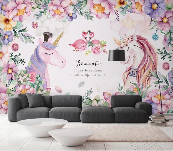 3D Nordic Fresh Pink Unicorn Flowers Wall Mural Wallpaperpe 380- Jess Art Decoration