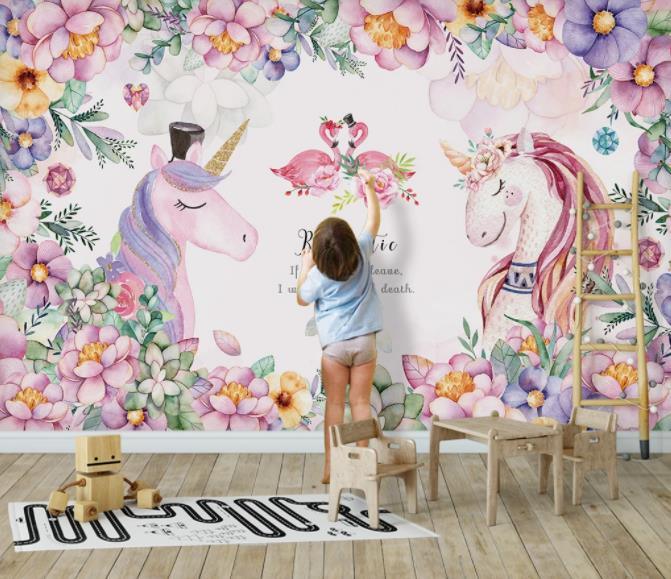 3D Nordic Fresh Pink Unicorn Flowers Wall Mural Wallpaperpe 380- Jess Art Decoration