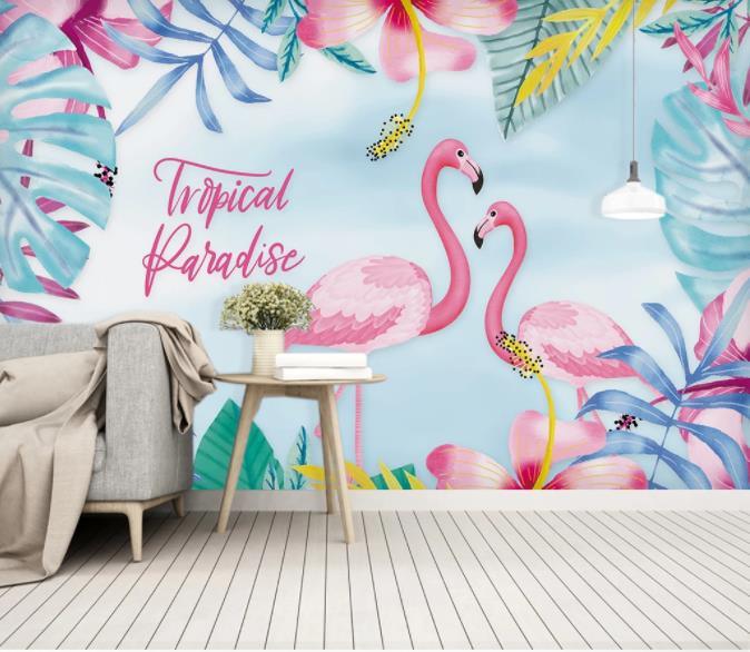 3D Nordic Fresh Pink Flamingo Wall Mural Wallpaperpe 15- Jess Art Decoration
