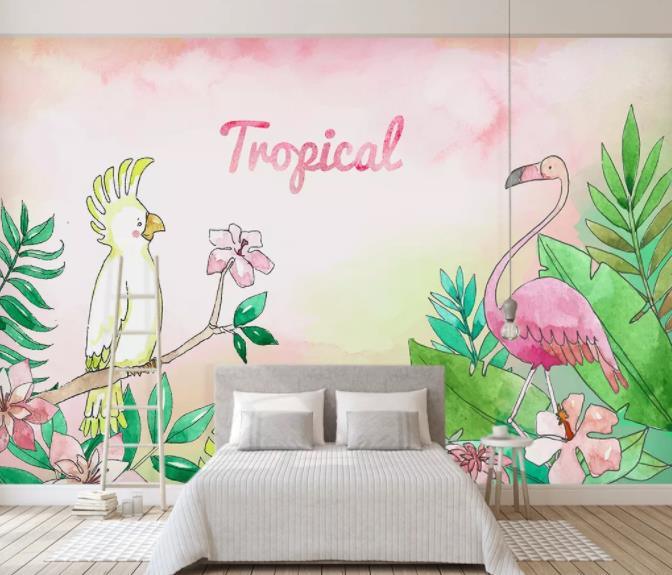 3D Nordic Fresh Pink Flamingo Wall Mural Wallpaperpe 17- Jess Art Decoration