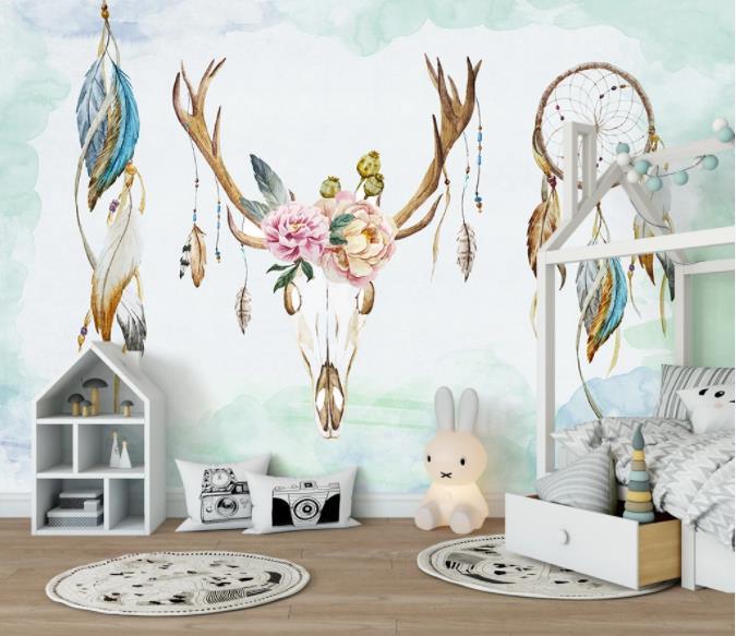 3D Nordic Fresh Reindeer Feathers Wall Mural Wallpaperpe 388- Jess Art Decoration