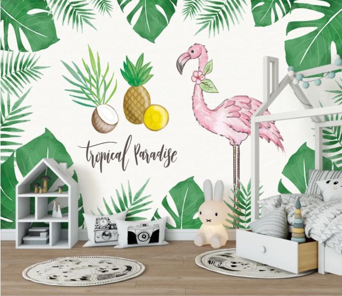 3D Nordic Fresh Green Plant Leaves Pink Flamingo Wall Mural Wallpaperpe 18- Jess Art Decoration