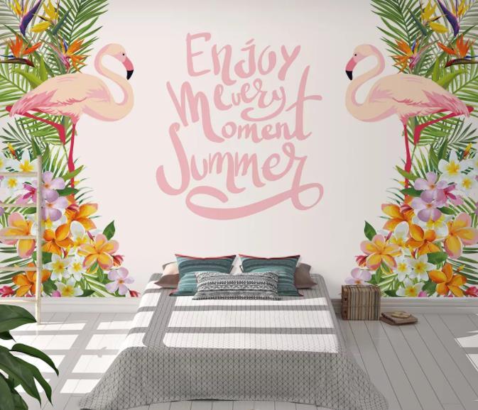 3D Nordic Fresh Plant Pink Flamingo Wall Mural Wallpaperpe  34- Jess Art Decoration