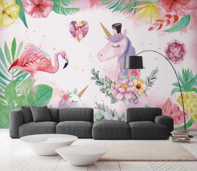 3D Unicorn Green Plant Leaves Pink Flamingo Wall Mural Wallpaperpe 19- Jess Art Decoration