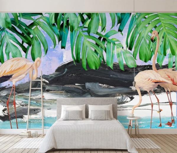 3D Nordic Fresh Green Leaves Flamingo Wall Mural Wallpaperpe  94- Jess Art Decoration