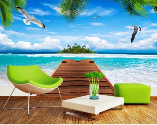 3D Blue Sky Sea White Clouds Birds Wall Mural Wallpaperpe 353- Jess Art Decoration