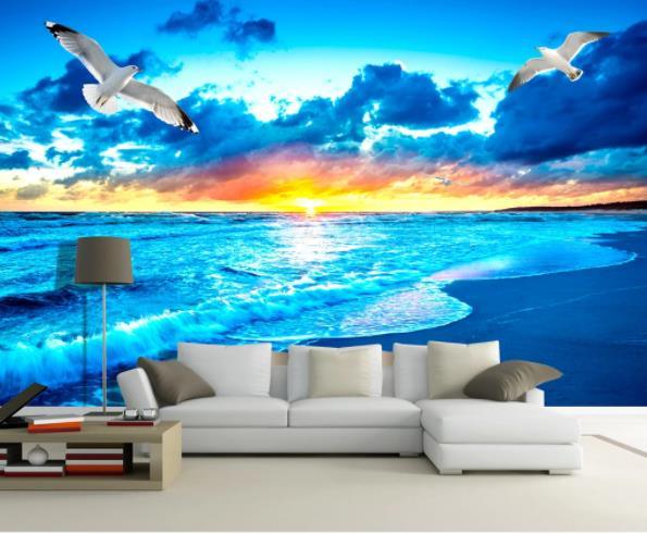 3D Blue Sky Sea White Clouds Birds Wall Mural Wallpaperpe 354- Jess Art Decoration