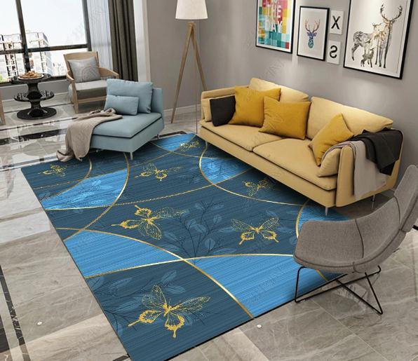 3D Blue Geometric Golden Butterfly Non-Slip Rug Mat 156- Jess Art Decoration
