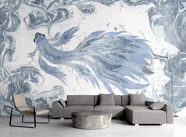 3D Blue Goldfish Wall Mural Wallpaper 644- Jess Art Decoration