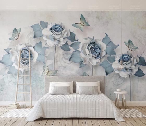 3D Blue Flower Butterfly Wall Mural Wallpaper 550- Jess Art Decoration