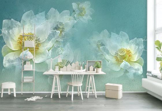 3D Blue Watercolor Lotus Wall Mural Wallpaper 511- Jess Art Decoration