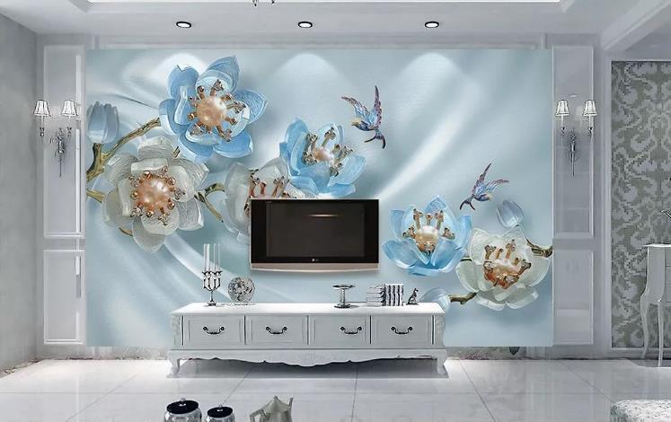 3D Blue Silk Jewelry Floral Bird Wall Mural Wallpaper 178- Jess Art Decoration
