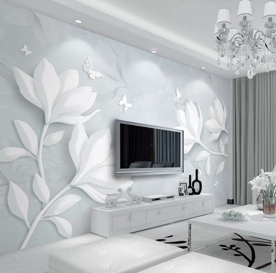 3D White Relief Magnolia Butterfly Wall Mural Wallpaper 58- Jess Art Decoration