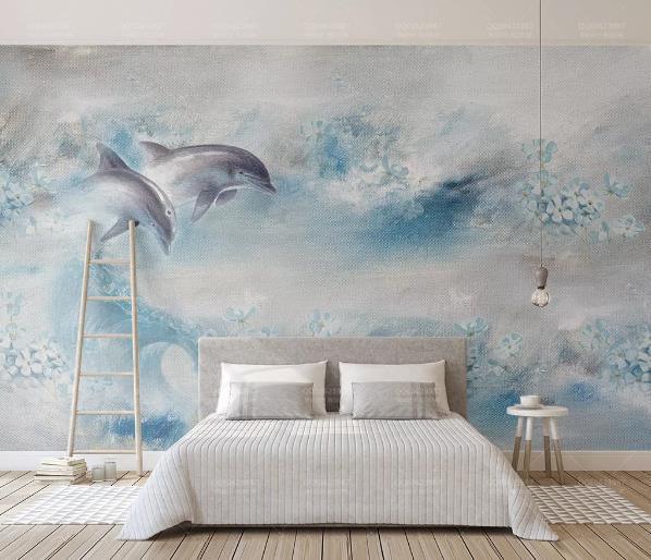 3D Blue Floral Wave Dolphin Wall Mural Wallpaper 72- Jess Art Decoration