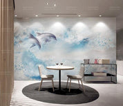 3D Blue Floral Wave Dolphin Wall Mural Wallpaper 72- Jess Art Decoration