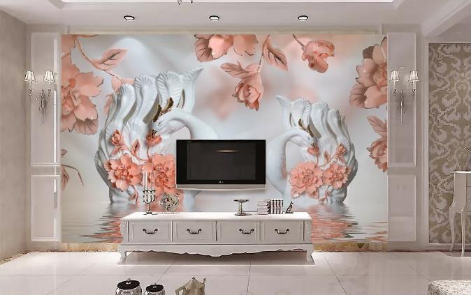 3D Peony Swan Wall Mural Wallpaper 11- Jess Art Decoration