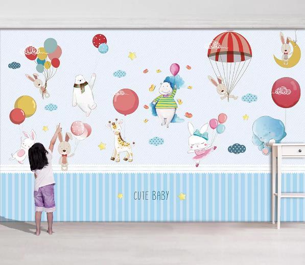 3D Animal Balloon Rabbit Deer Elephant Child Wall Mural Wallpaper 999- Jess Art Decoration