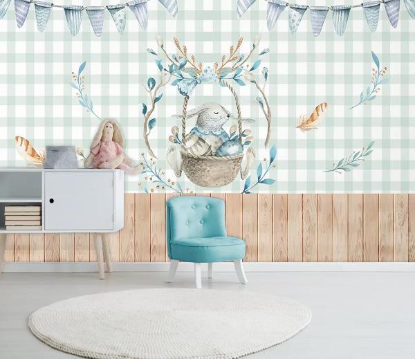 3D Blue Lattice Rabbit Basket Feather Wall Mural Wallpaper 1028- Jess Art Decoration