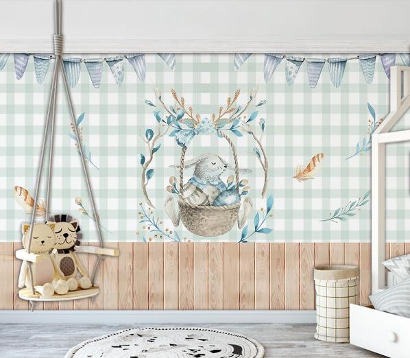 3D Blue Lattice Rabbit Basket Feather Wall Mural Wallpaper 1028- Jess Art Decoration