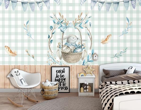 3D Blue Lattice Rabbit Basket Feather Wall Mural Wallpaper 1028- Jess Art Decoration