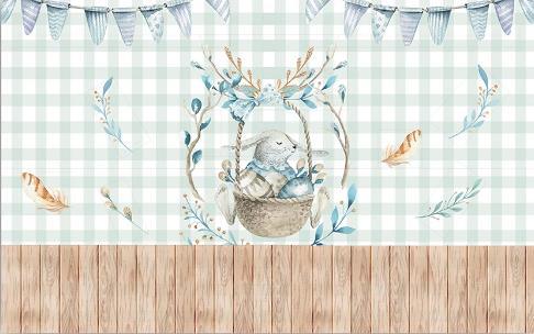 3D Blue Lattice Rabbit Basket Feather Wall Mural Wallpaper 1028- Jess Art Decoration