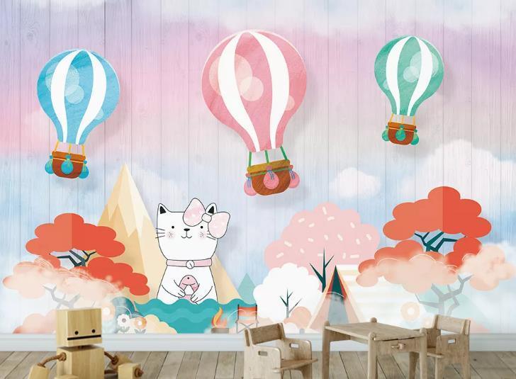 3D Cartoon Forest Cat Hot Air Balloon Wall Mural Wallpaper LQH 587- Jess Art Decoration