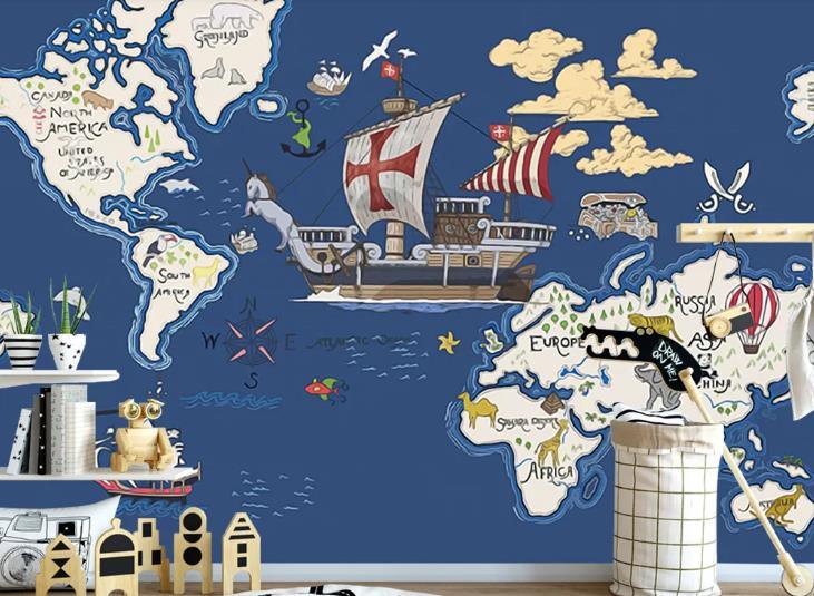 3D Hand Drawn Pirate Ship Nautical Map Wall Mural Wallpaper LQH 598- Jess Art Decoration