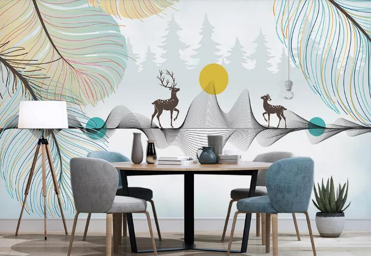 3D Hand Drawn Mountain Feather Elk Wall Mural Wallpaper LQH 246- Jess Art Decoration