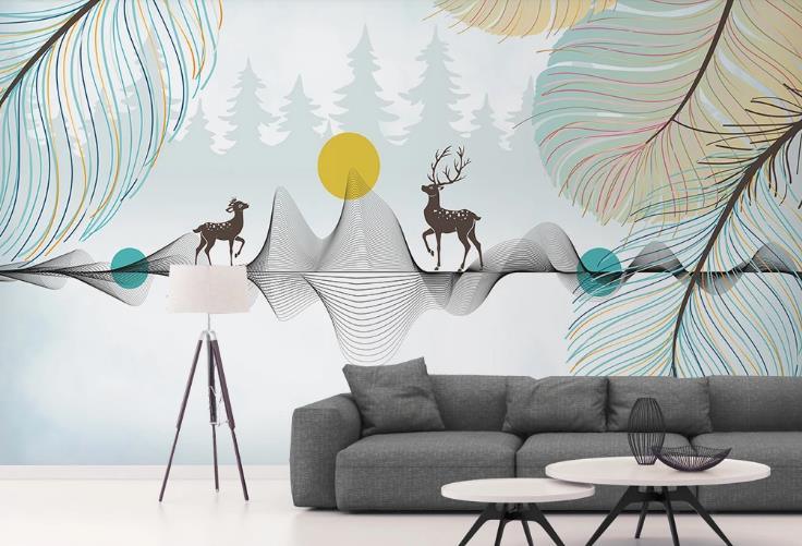 3D Hand Drawn Mountain Feather Elk Wall Mural Wallpaper LQH 246- Jess Art Decoration
