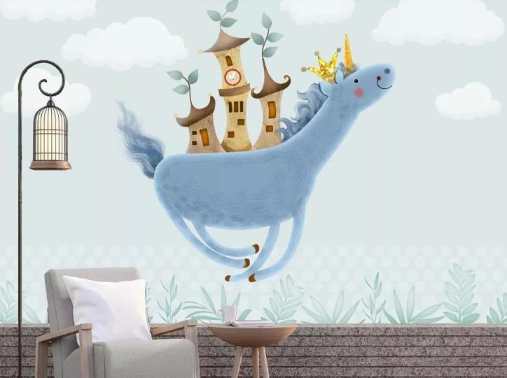 3D Watercolor Animal Unicorn Castle Wall Mural Wallpaper LQH 295- Jess Art Decoration