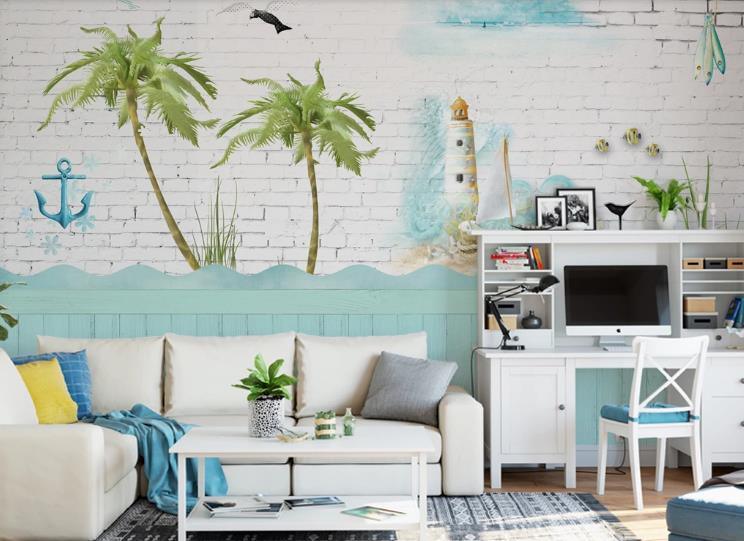 3D Hand Drawn Sea Lighthouse Coconut Tree Wall Mural Wallpaper LQH 386- Jess Art Decoration