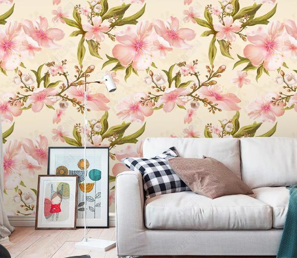 3D Hand Drawn Pink Floral Leaves Wall Mural Wallpaper LQH 205- Jess Art Decoration