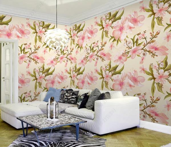 3D Hand Drawn Pink Floral Leaves Wall Mural Wallpaper LQH 205- Jess Art Decoration