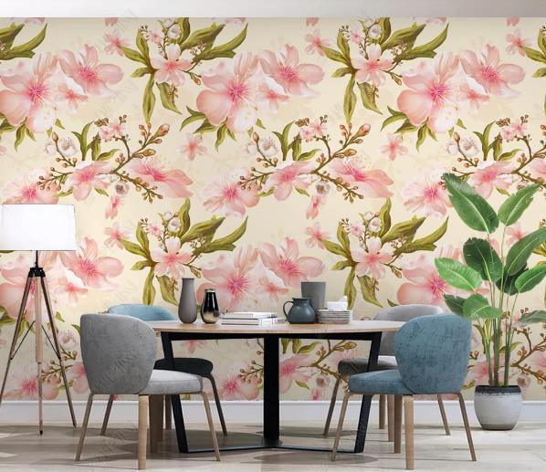 3D Hand Drawn Pink Floral Leaves Wall Mural Wallpaper LQH 205- Jess Art Decoration