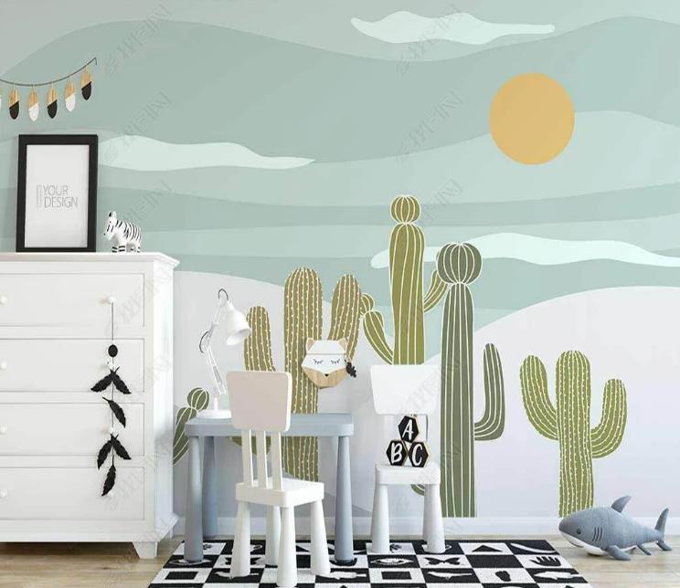 3D Hand-painted Cartoon Fresh Cactus Wall Mural Wallpaper SWW1307- Jess Art Decoration