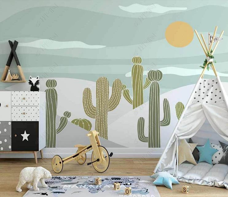 3D Hand-painted Cartoon Fresh Cactus Wall Mural Wallpaper SWW1307- Jess Art Decoration