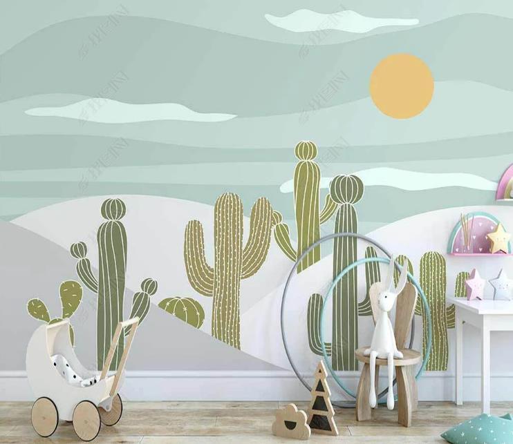 3D Hand-painted Cartoon Fresh Cactus Wall Mural Wallpaper SWW1307- Jess Art Decoration
