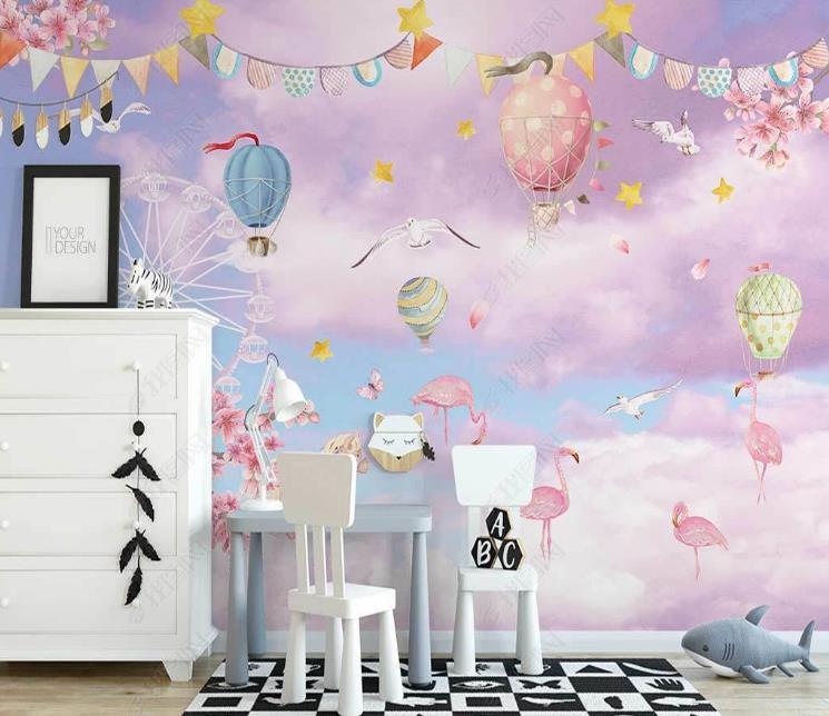 3D Northern Europe Hand-painted Clouds Flamingos Hot Air Balloon Wall Mural Wallpaper SWW1541- Jess Art Decoration