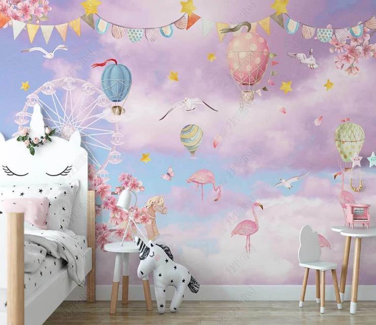 3D Northern Europe Hand-painted Clouds Flamingos Hot Air Balloon Wall Mural Wallpaper SWW1541- Jess Art Decoration