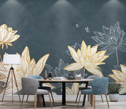 3D Modern Simplicity Flowers Lotus Golden Lines Relief Wall Mural Wallpaper SWW1621- Jess Art Decoration