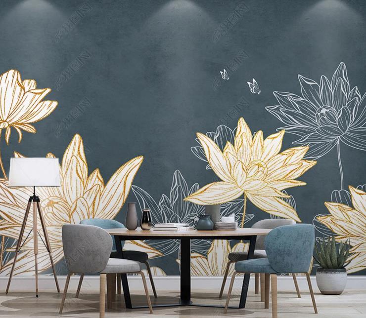 3D Modern Simplicity Flowers Lotus Golden Lines Relief Wall Mural Wallpaper SWW1621- Jess Art Decoration