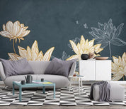 3D Modern Simplicity Flowers Lotus Golden Lines Relief Wall Mural Wallpaper SWW1621- Jess Art Decoration