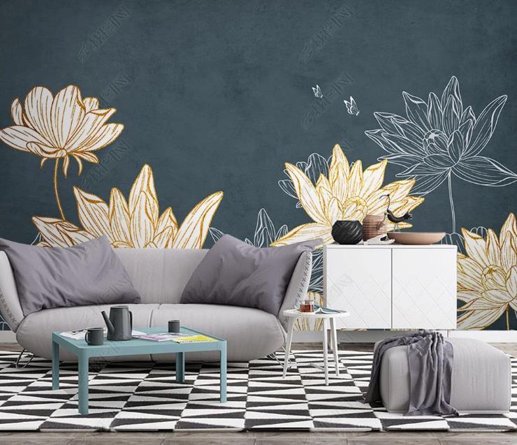 3D Modern Simplicity Flowers Lotus Golden Lines Relief Wall Mural Wallpaper SWW1621- Jess Art Decoration