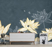 3D Modern Simplicity Flowers Lotus Golden Lines Relief Wall Mural Wallpaper SWW1621- Jess Art Decoration