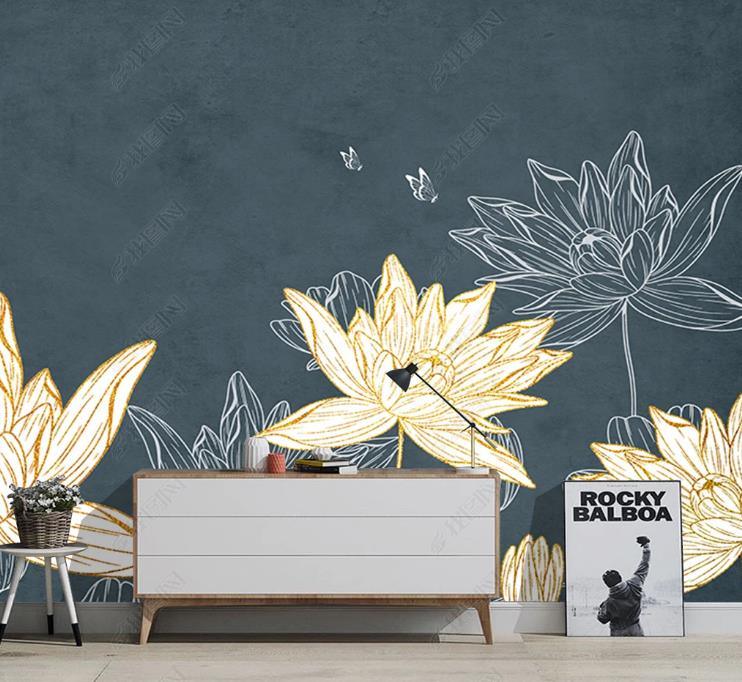 3D Modern Simplicity Flowers Lotus Golden Lines Relief Wall Mural Wallpaper SWW1621- Jess Art Decoration