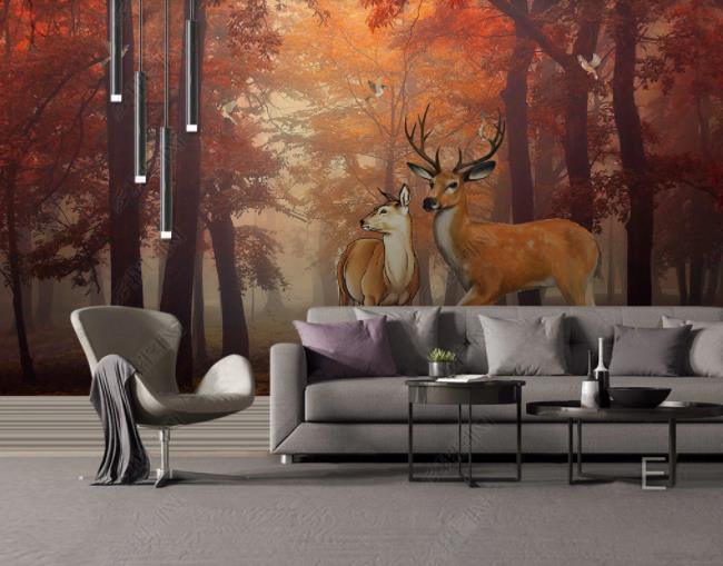 3D Hand-painted Red Maple Woods Elk Wall Mural Wallpaper SWW2221- Jess Art Decoration